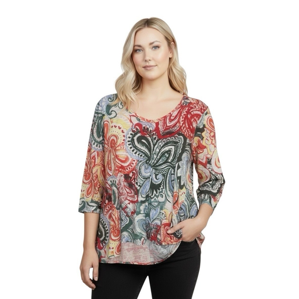 Chicos Size 3 US XL Paisley Print Knit Top Cotton Modal V- Neck 3/4 Sleeve